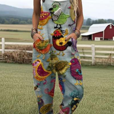 Digital 3D Printed Button Strap Women's Casual Pants