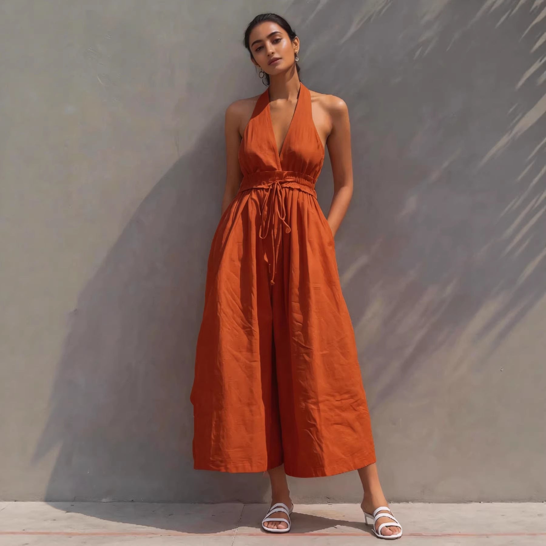 Womens New Arrival Linen Resort-Style V-Neck Lace-Up Jumpsuit