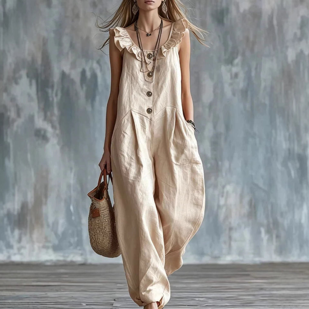 Solid-Colored Sleeveless Button-Down Jumpsuit