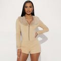Women's Deep V-Neck Furry Collar Long-Sleeve Jumpsuit