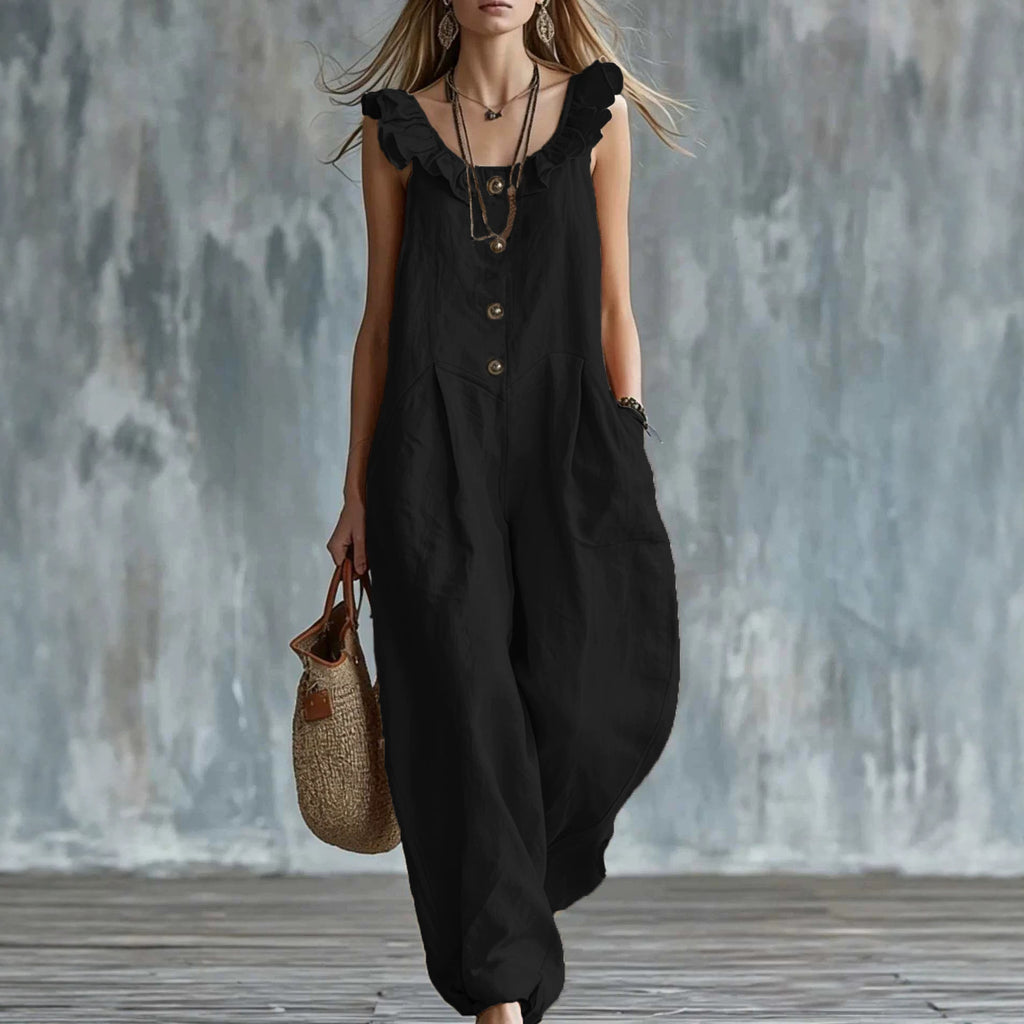 Solid-Colored Sleeveless Button-Down Jumpsuit