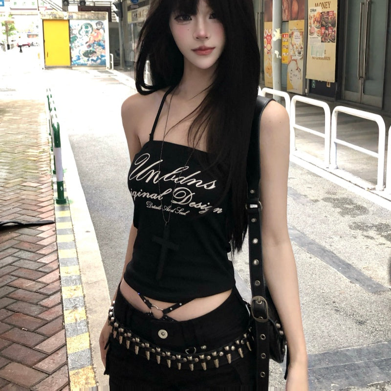 Rivet Belt Black Spicy Girl Style Punk-inspired Versatile