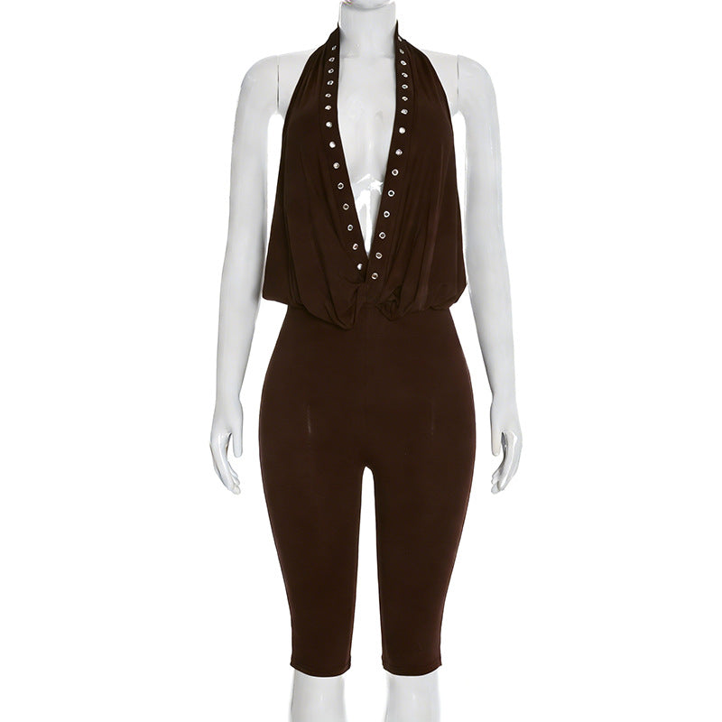 Womens Halter Deep V-Neck Rivet Eyelet Backless Cropped Jumpsuit