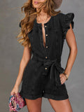 Womens Ruffled-Edge Sleeveless Button-Front Denim Jumpsuit Shorts