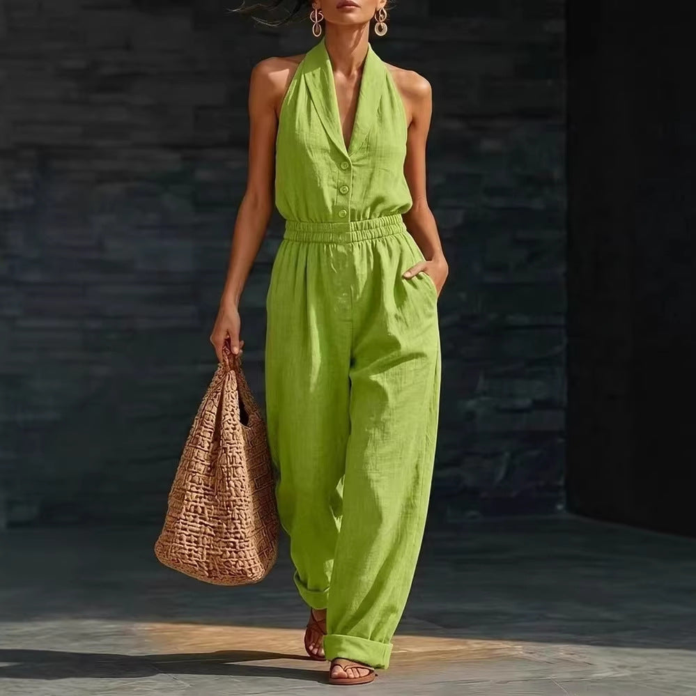 Fashionable Solid-Color Slimming V-Neck Jumpsuit