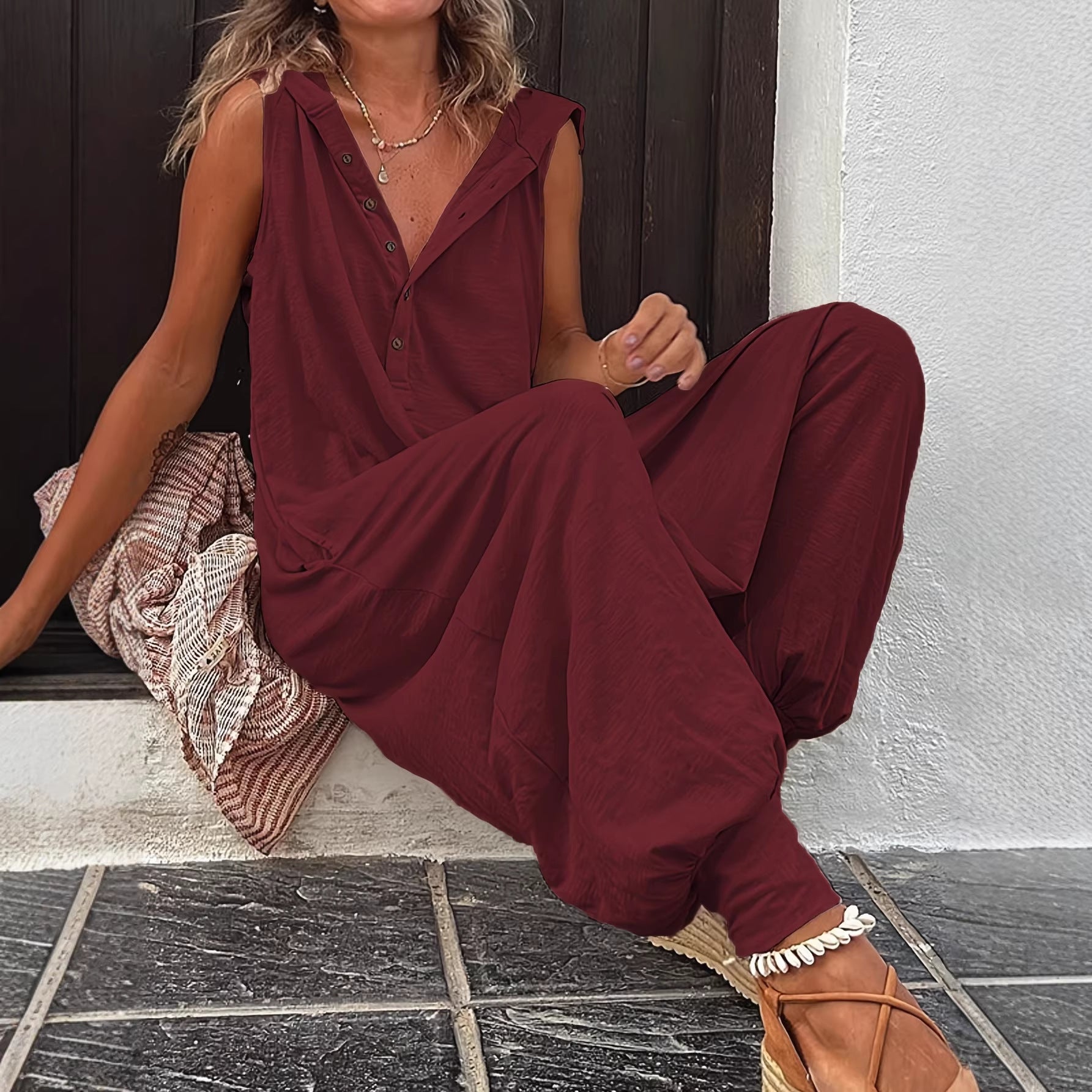 Women's Casual Sleeveless Hooded Long Jumpsuit With Drawstring Ankle Cuffs