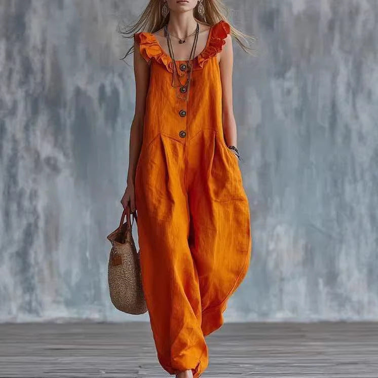Solid-Colored Sleeveless Button-Down Jumpsuit
