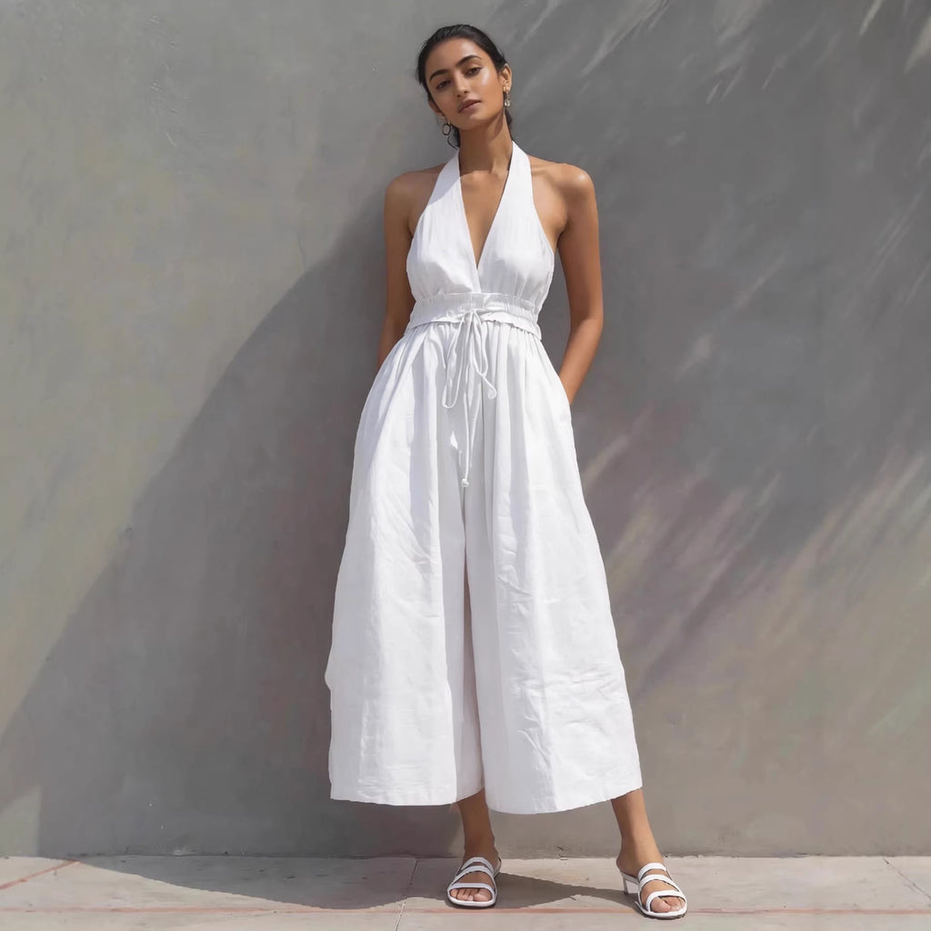 Resort-Style V-Neck Lace-Up Jumpsuit