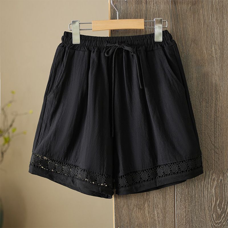 Retro Artistic Hollowed-Out Lace Trim Shorts Womens Casual Wide-Leg Pants