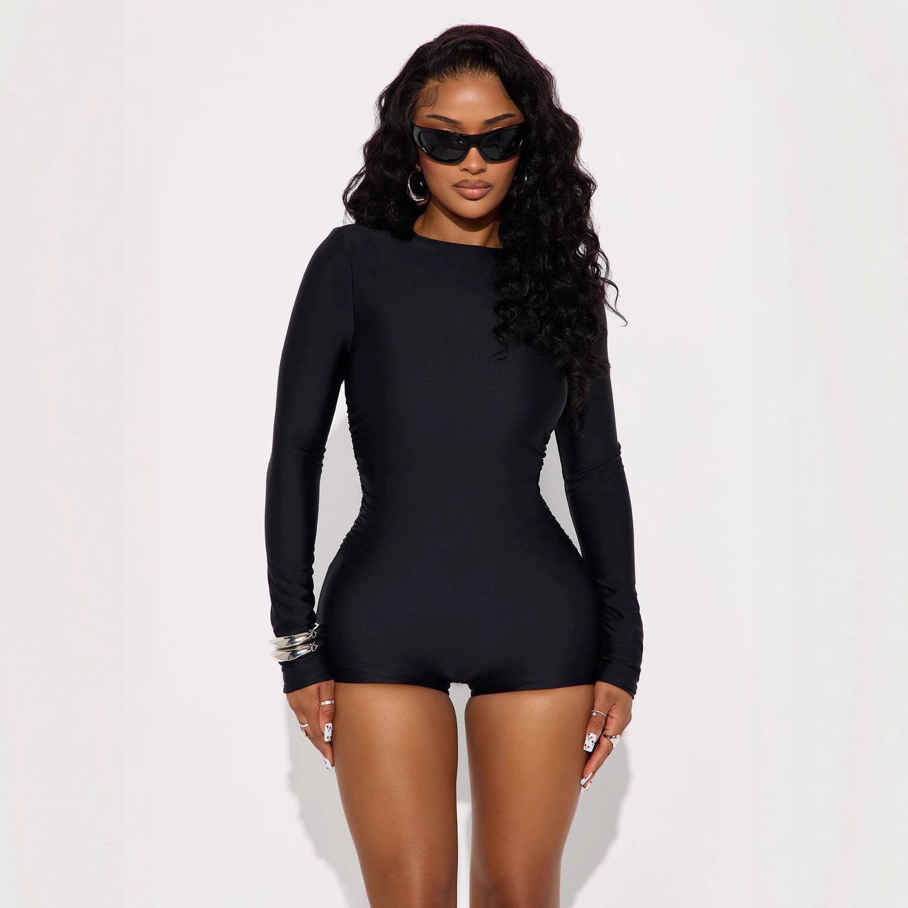 High-elastic Crewneck Long-sleeve Tight-fitting Casual Sports Jumpsuit