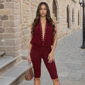Halter V-Neck Rivet Eyelet Backless Cropped Jumpsuit
