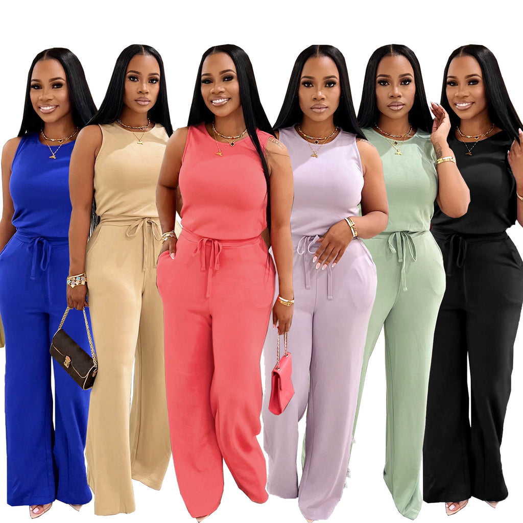 Summer New All-Match EuropeanAmerican Style Fashionable Slimming Casual Solid-Colored Lace-Up Jumpsuit