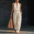 Fashionable Solid-Color Slimming V-Neck Jumpsuit