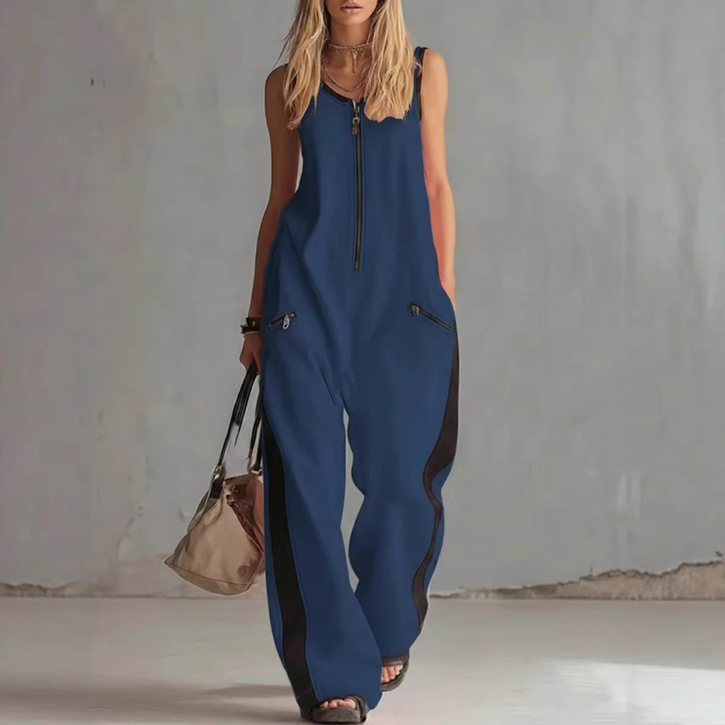 Zip-up Crewneck Sleeveless Casual Cotton Wide-leg Jumpsuit