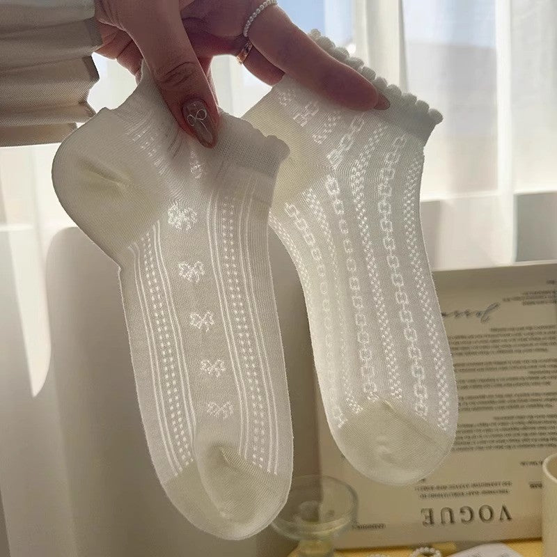 5pairs New White Lace Socks For Women, Summer Lightweight Mesh Breathable Cotton Floral Short Socks, Cute Ankle Boat Socks