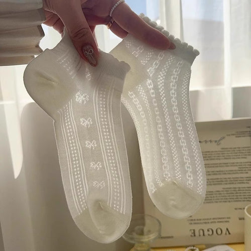 5pairs New White Lace Socks For Women, Summer Lightweight Mesh Breathable Cotton Floral Short Socks, Cute Ankle Boat Socks