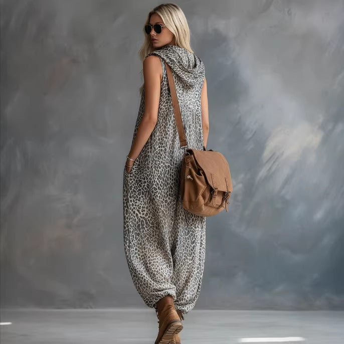 Fashionable Casual Urban Apricot Leopard-Print Hooded Chiffon Jumpsuit