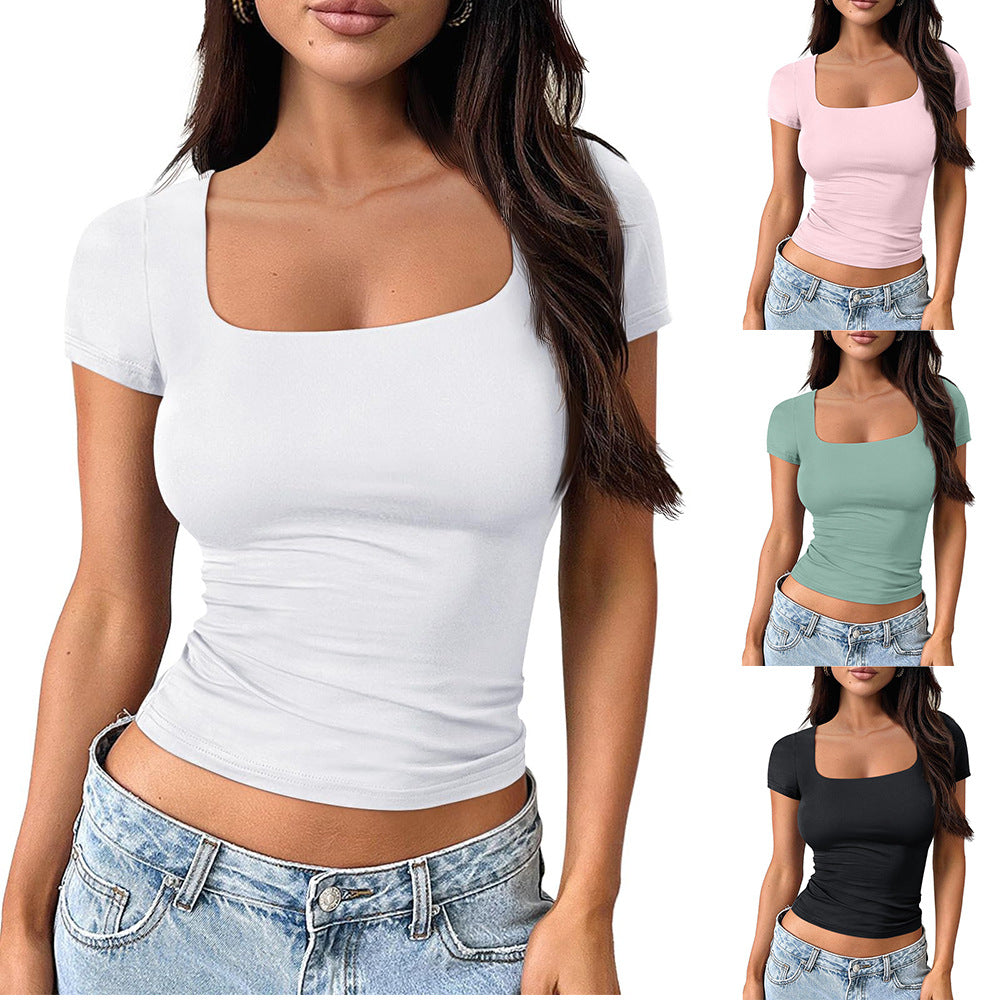 Solid-color U-neck Slim-fit Short-sleeve T-shirt For Women