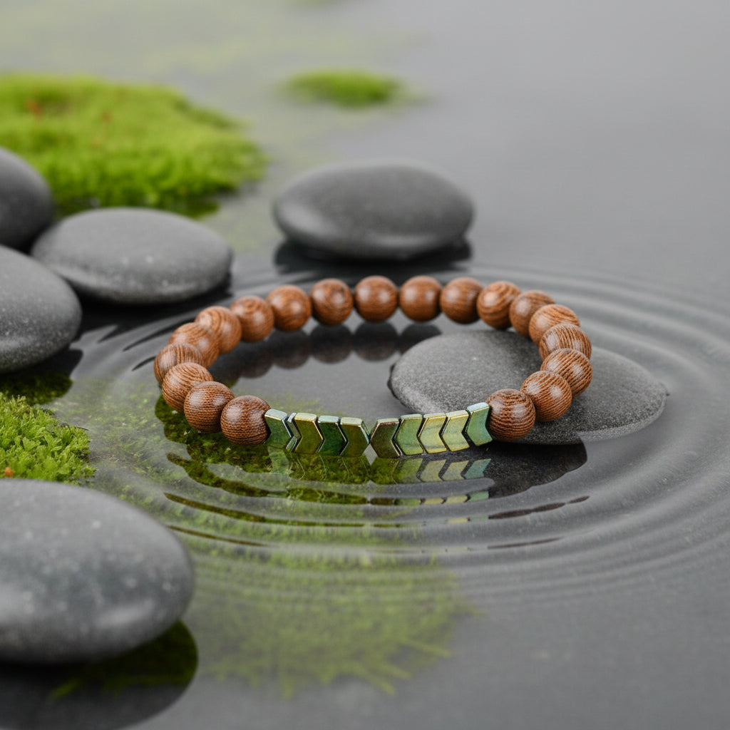 8mm Chicken Wing Wood Grain Black Tourmaline Arrowhead Yoga Bracelet