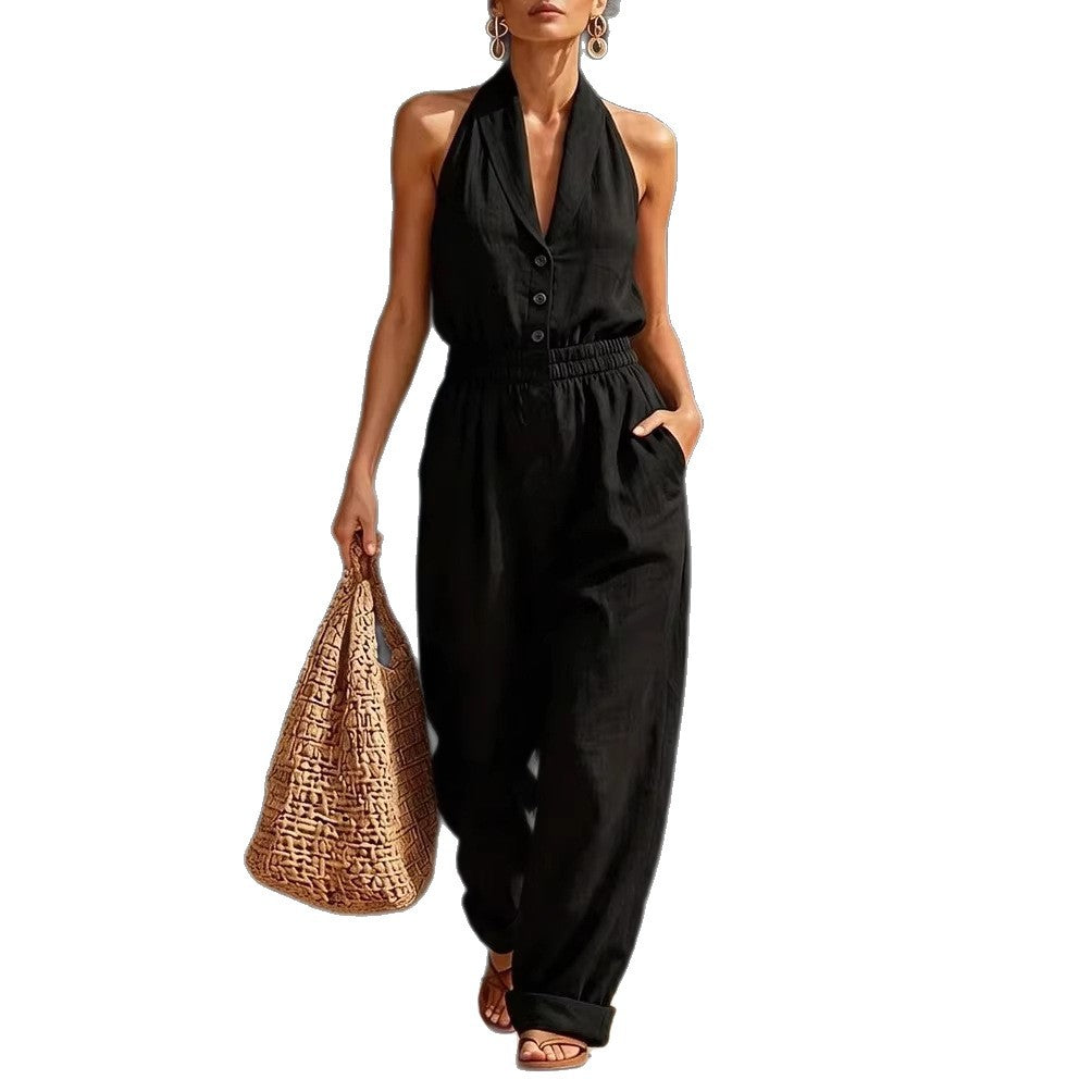 Fashionable Solid-Color Slimming V-Neck Jumpsuit