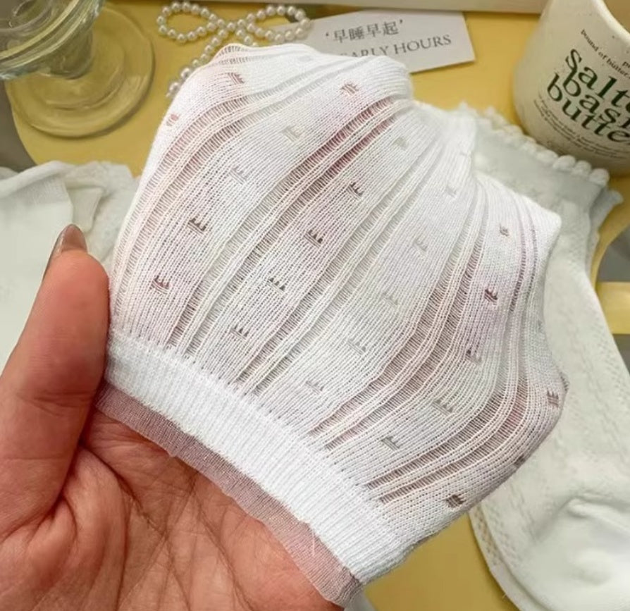 5pairs New White Lace Socks For Women, Summer Lightweight Mesh Breathable Cotton Floral Short Socks, Cute Ankle Boat Socks