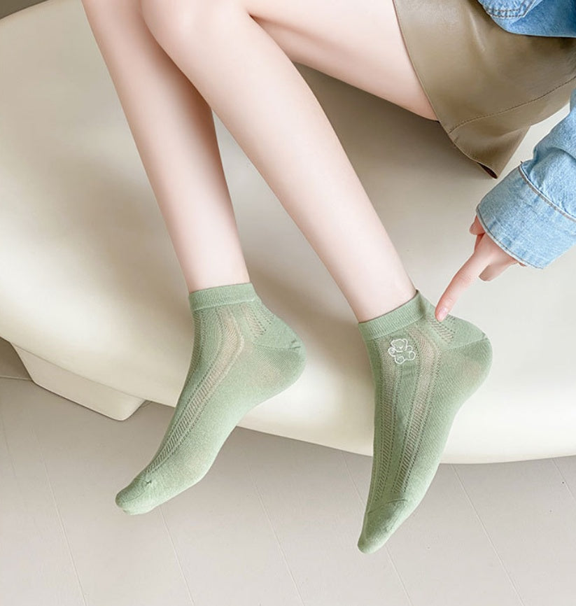 6pairs Embroidered Flower Short Socks For Women, Thin Boat Socks, Mesh Breathable Socks, Teddy Bear Love Short Tube Socks For Women