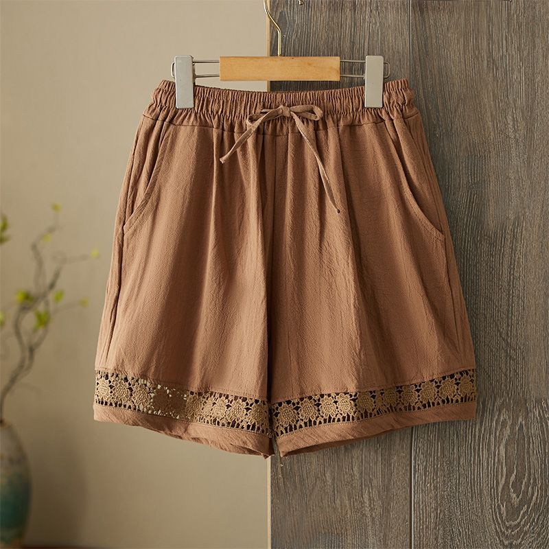 Retro Artistic Hollowed-Out Lace Trim Shorts Womens Casual Wide-Leg Pants