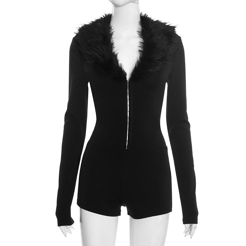 Women's Deep V-Neck Furry Collar Long-Sleeve Jumpsuit