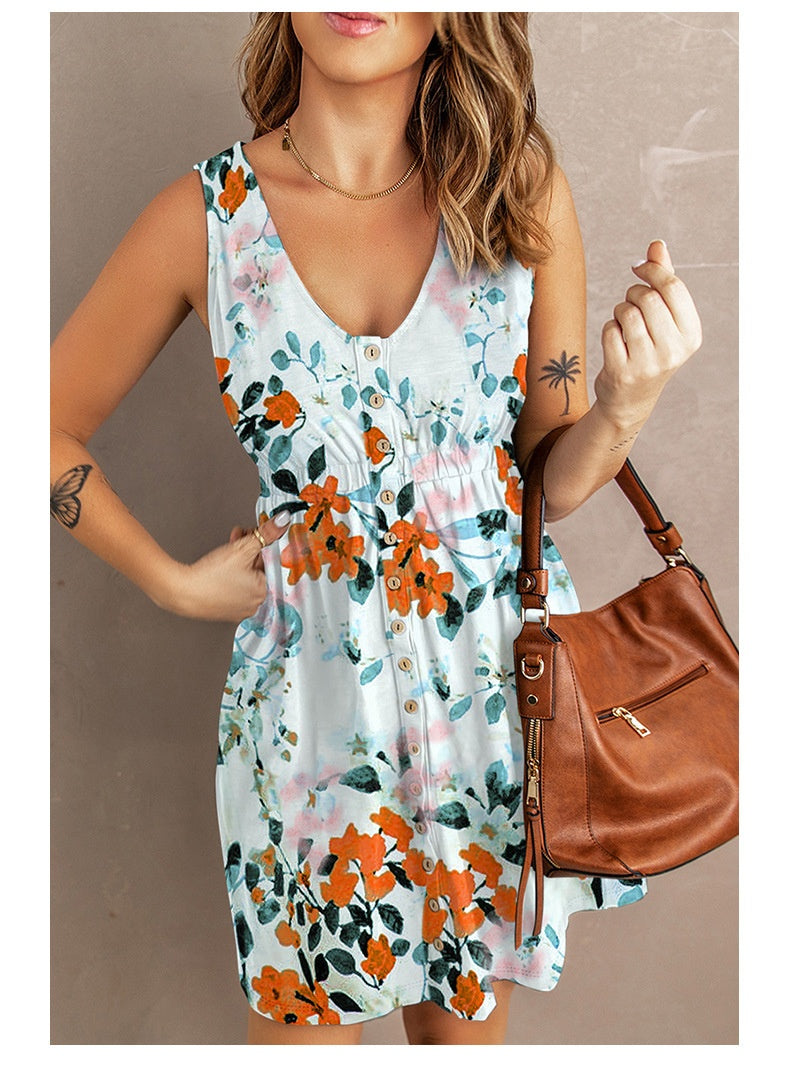 Fashionable Multi-Color Womens Summer New Arrival Printed Waist-Cinching Sleeveless V-Neck Dress