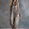 Fashionable Casual Urban Apricot Leopard-Print Hooded Chiffon Jumpsuit
