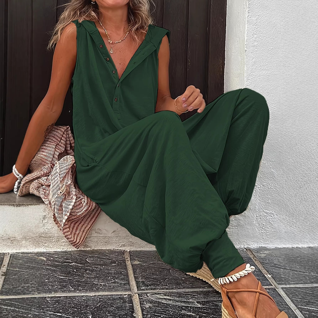 Casual Sleeveless Hooded Long Jumpsuit With Drawstring Ankle Cuffs