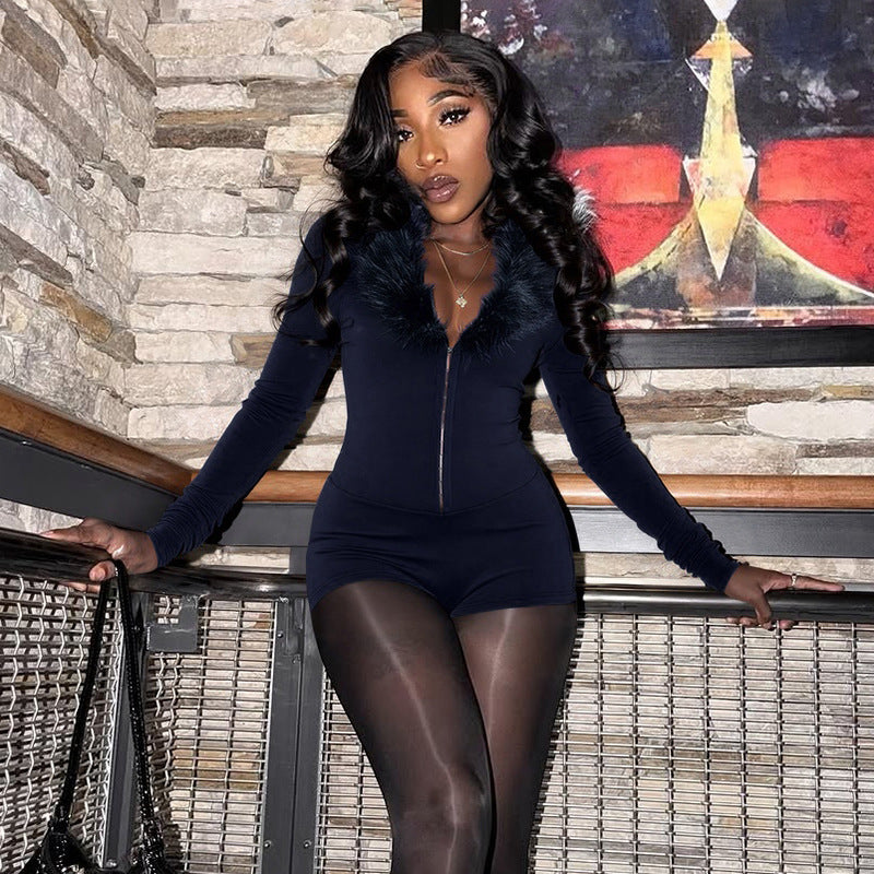Women's Deep V-Neck Furry Collar Long-Sleeve Jumpsuit