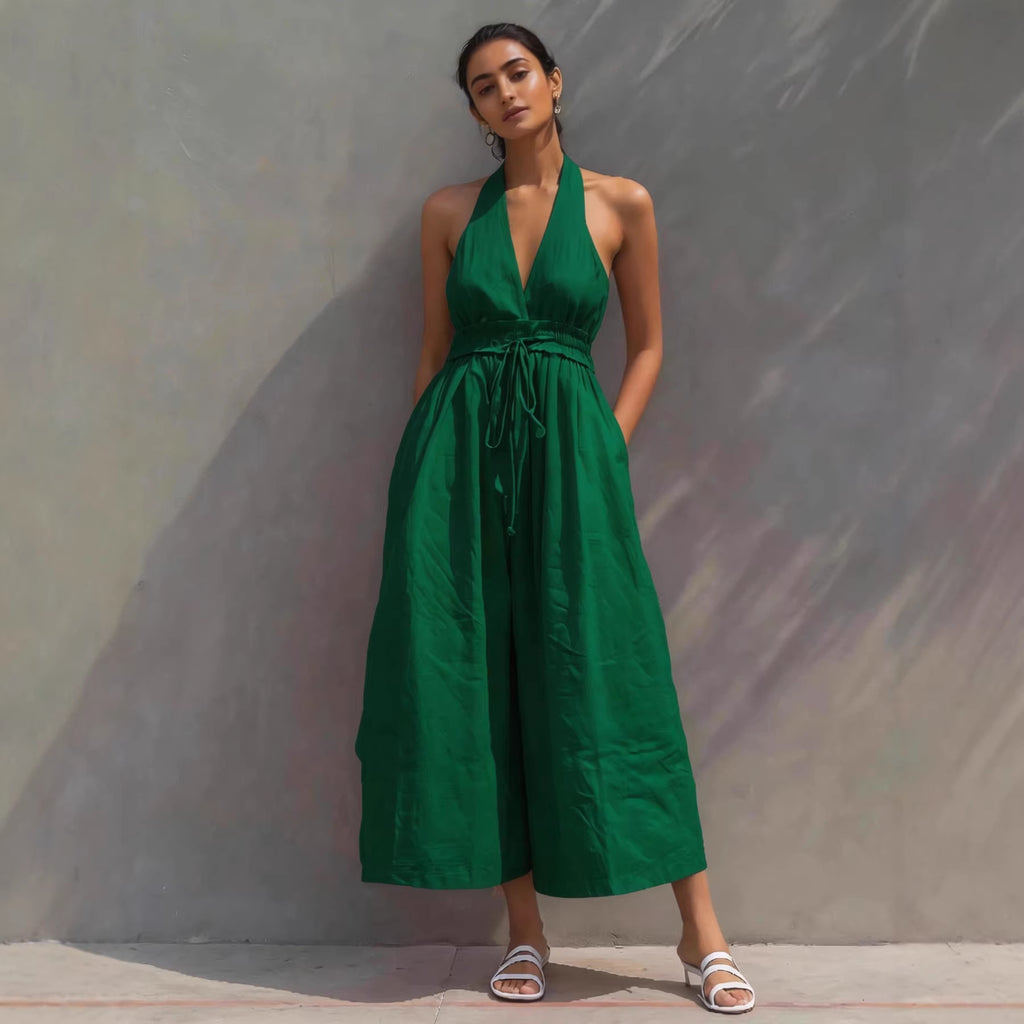 Resort-Style V-Neck Lace-Up Jumpsuit
