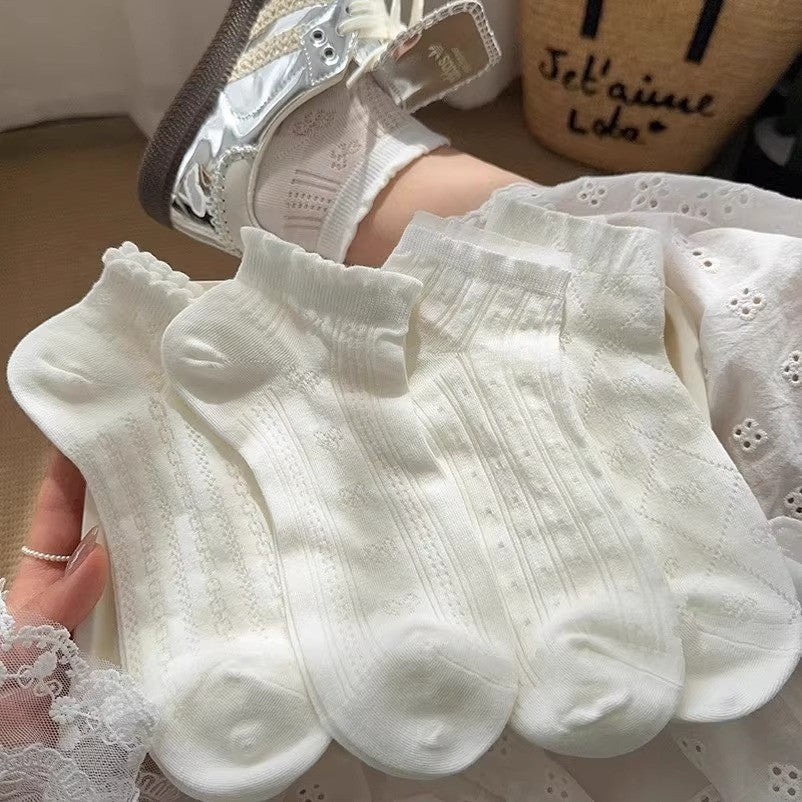 5pairs New White Lace Socks For Women, Summer Lightweight Mesh Breathable Cotton Floral Short Socks, Cute Ankle Boat Socks