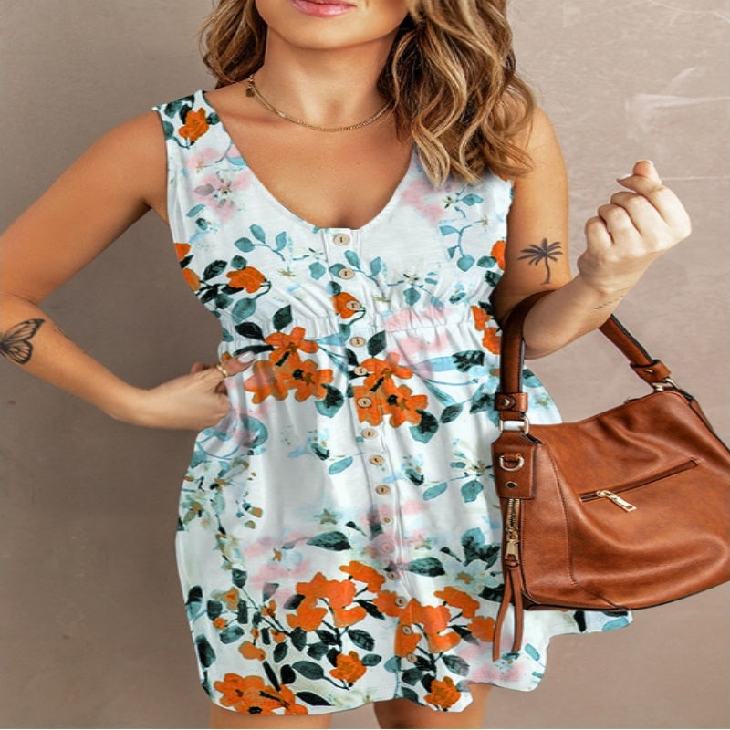 Fashionable Multi-Color Womens Summer New Arrival Printed Waist-Cinching Sleeveless V-Neck Dress