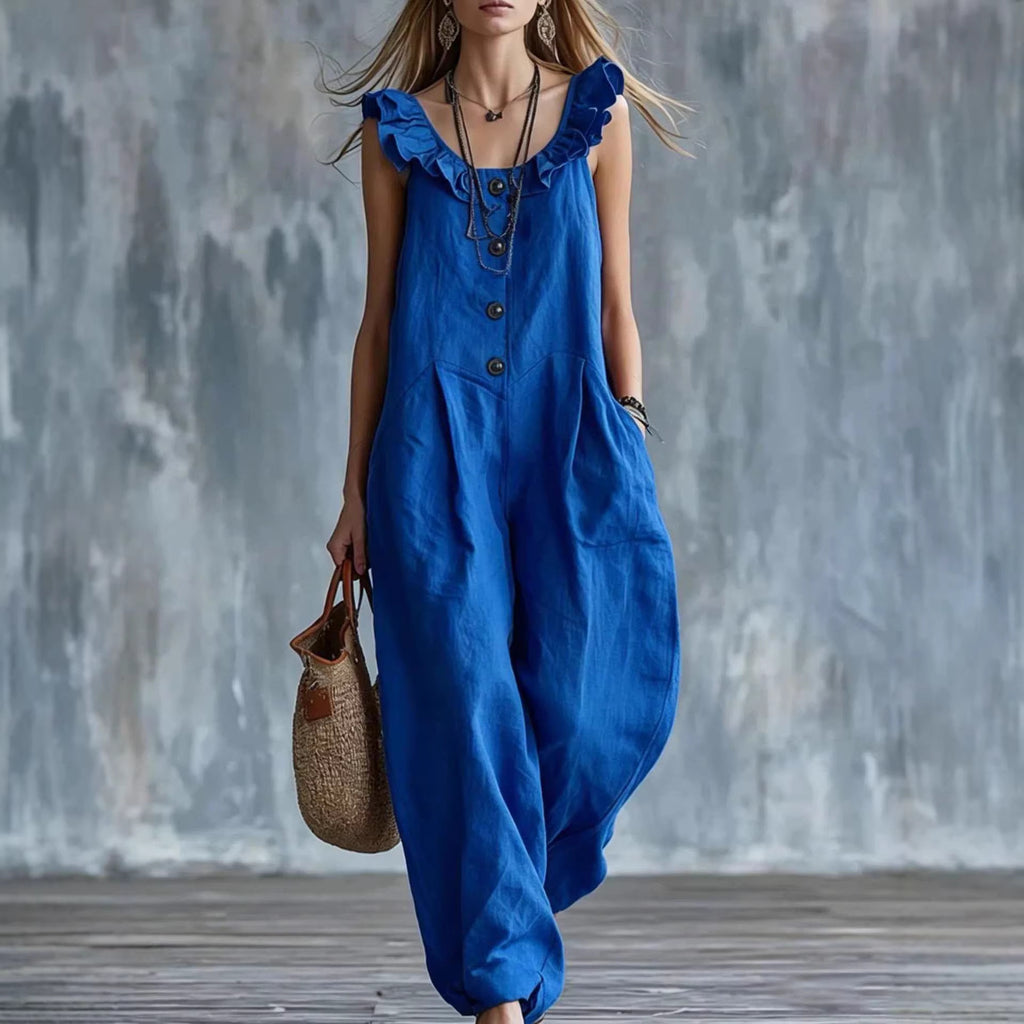 Solid-Colored Sleeveless Button-Down Jumpsuit